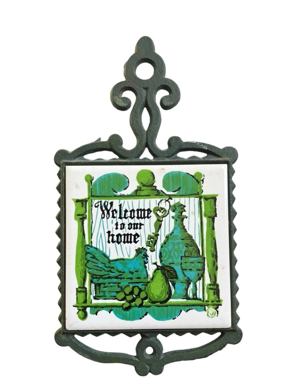 Vintage Ceramic Tile Cast Iron Trivet Retro Wall Decor Kitchen MCM Cottagecore - Picture 1 of 7